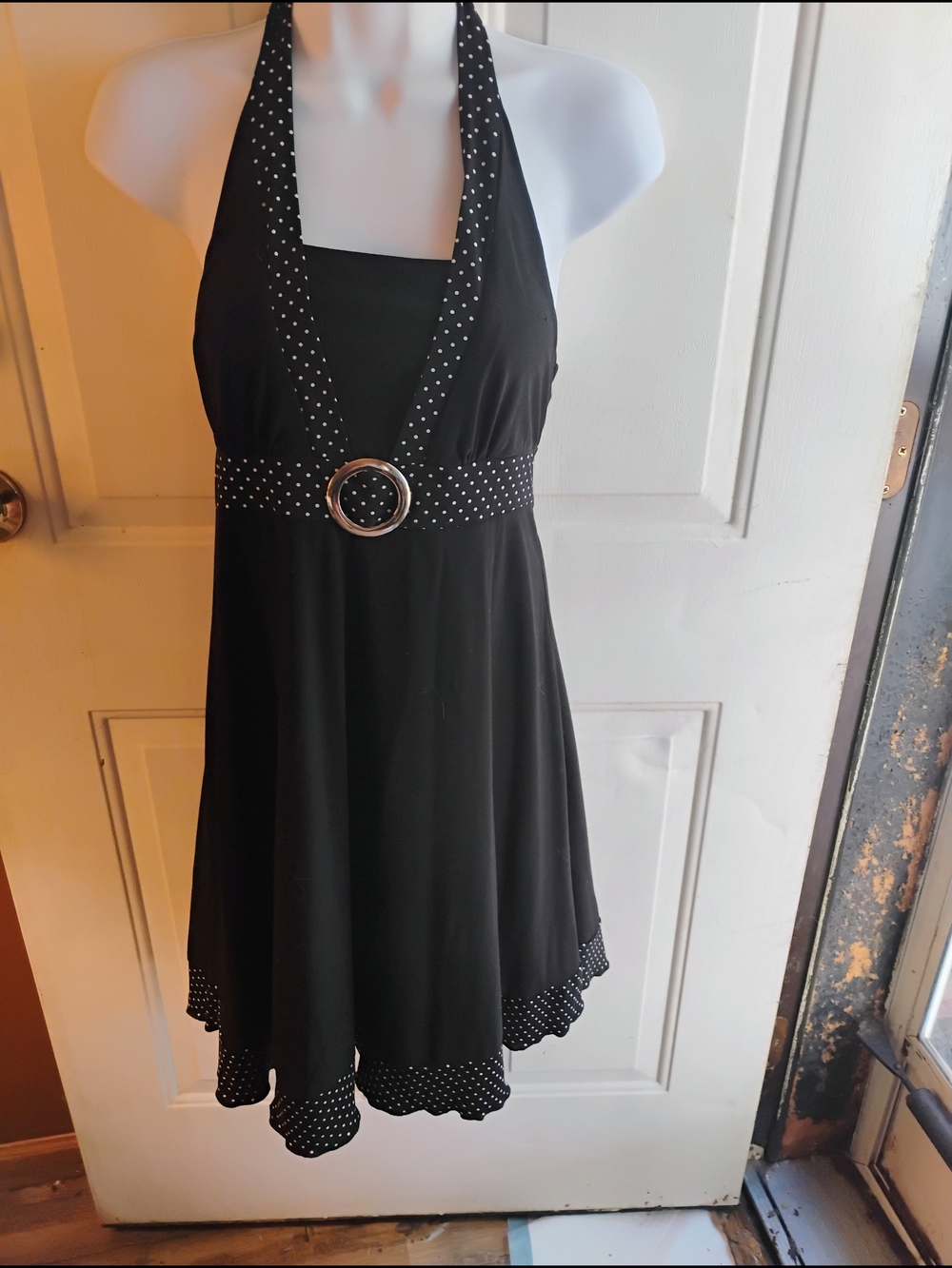 My Michelle Black Halter Dress with Polka Dot Trim